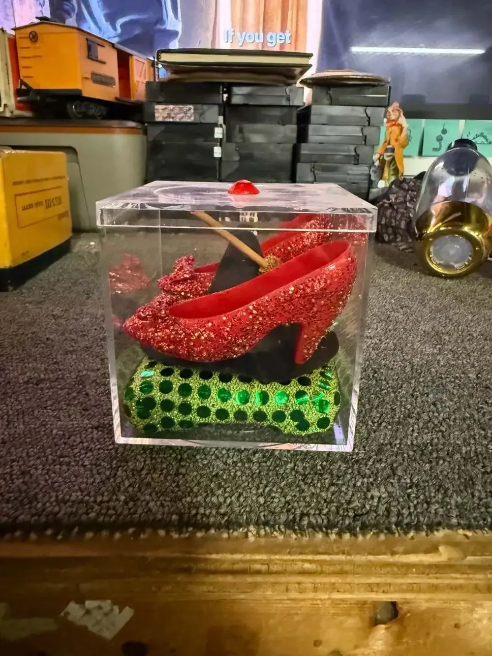The Wizard of Oz Acrylic Display Case with Miniature Ruby Slippers and Witch Hat